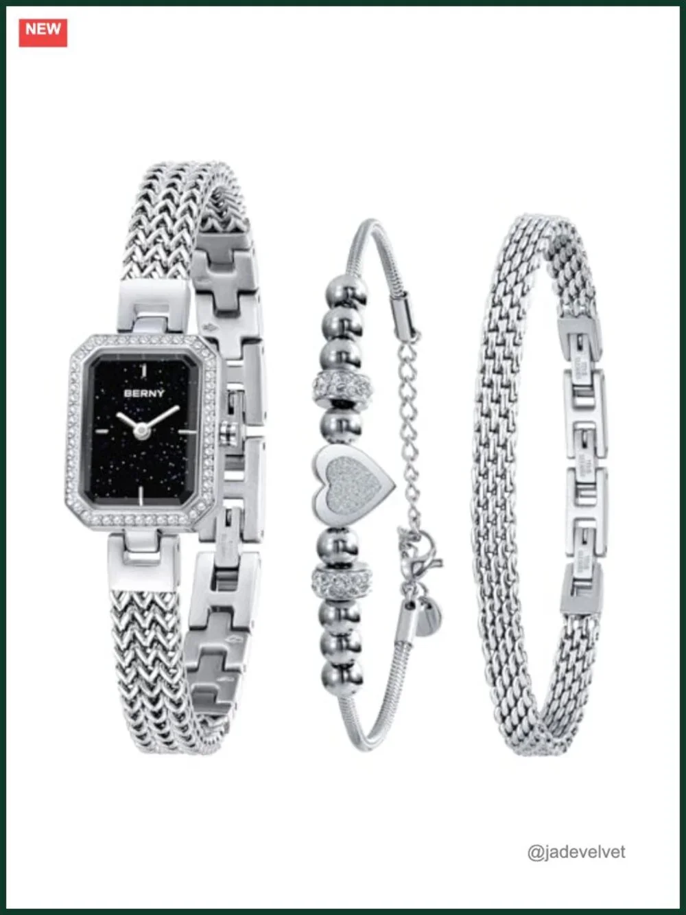 BERNY Dainty Quartz Watch & Bracelet Set for Women Crystal Accent silver-tone